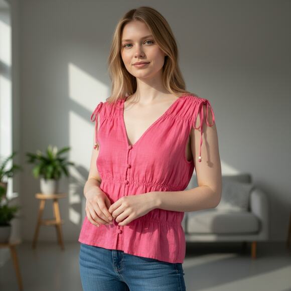 Cynthia Rowley Smocked Waist Sleeveless Linen Pink Blouse Size L 8-12 - Picture 1 of 5